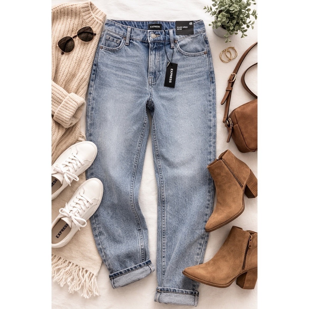 Express‎ Relaxed Tapered Jeans Womens 4R Mid Rise Light Wash Mom Fit NWT